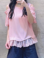 Open Shoulder Lace Hem Chiffon Top (4 colours) (pre order)