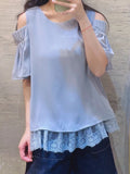 Open Shoulder Lace Hem Chiffon Top (4 colours) (pre order)