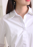 White Shirt with Imitation Pearls on Collar and Cuff