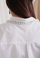 White Shirt with Imitation Pearls on Collar and Cuff