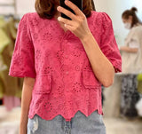 Picot Hem Embroidered Top (3 colours) (pre order)