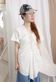 Mixed Fabric Front Ruching Top