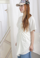 Mixed Fabric Front Ruching Top
