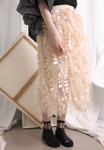 (Korean) Fringing Trims Mesh Layer Skirt – Beige